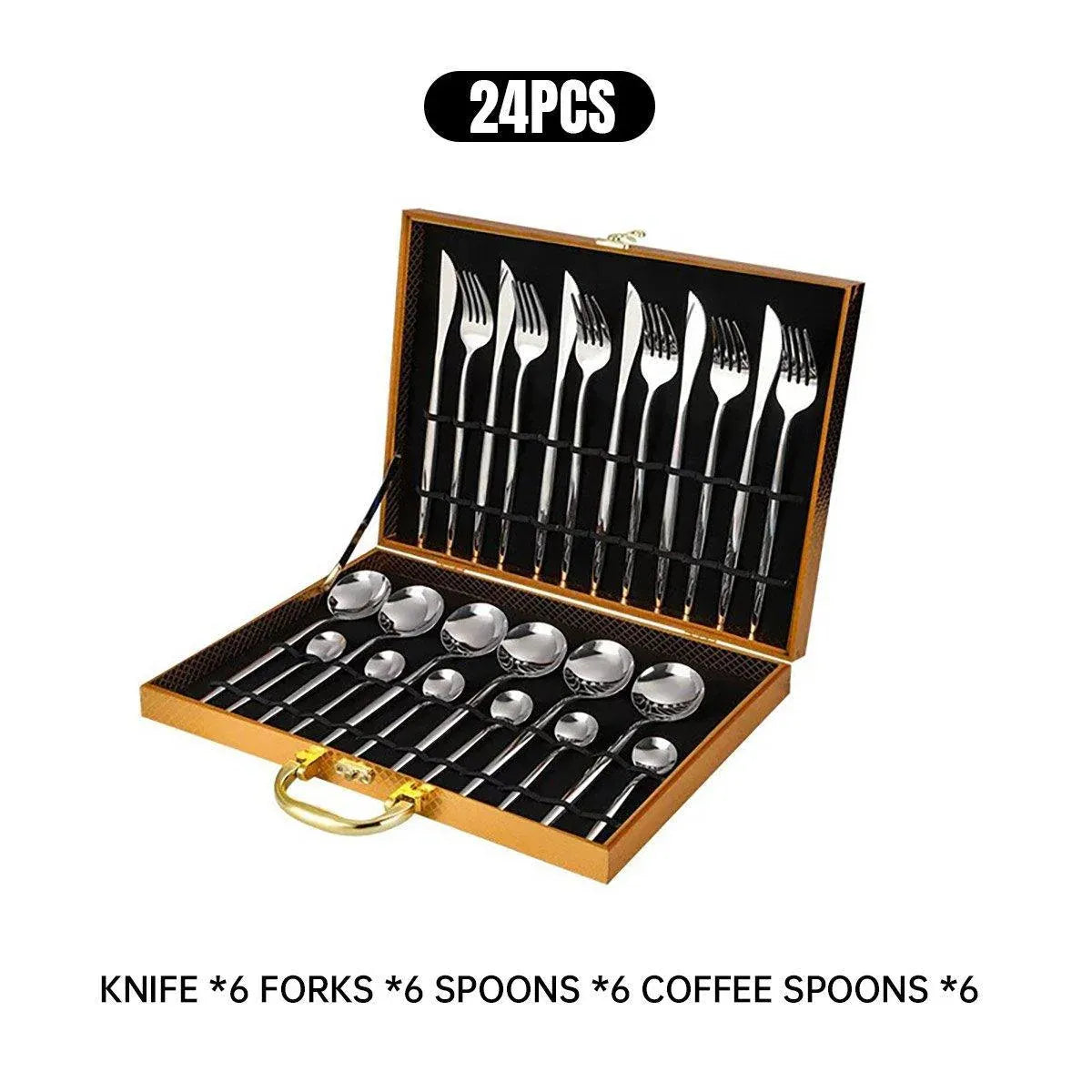 24PCS Stainless Steel Cutlery Set Knife Fork Spoon Set Durable Flatware Dining - Gold shelf set
