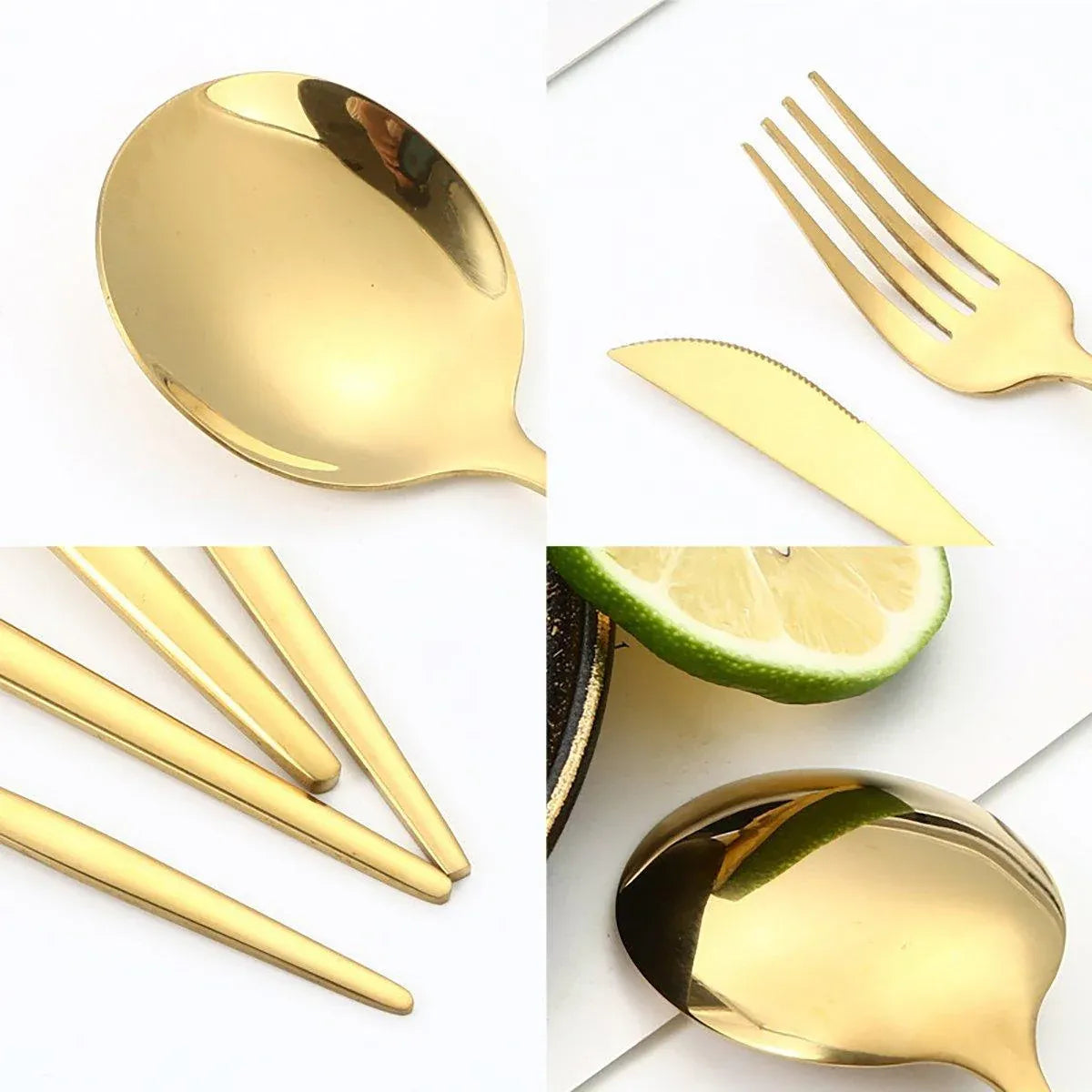 24PCS Stainless Steel Cutlery Set Knife Fork Spoon Set Durable Flatware Dining - Gold shelf set