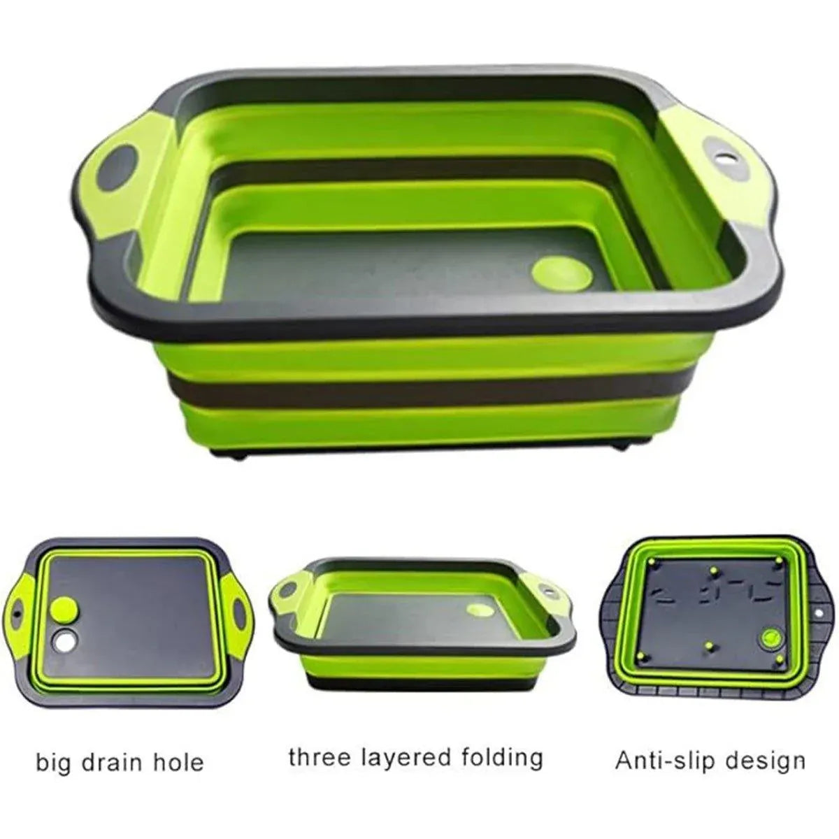 Multifunctional Plastic Sink Cutting Board Foldable Draining Basket Outdoor Dish - Green