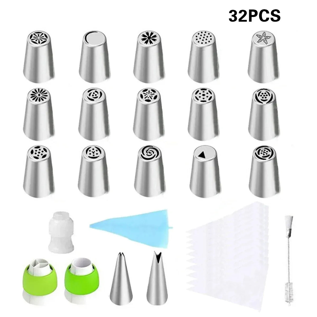 Russian Piping Tips Cake Decorating Set - 14 or 32 PCS Stainless Steel Nozzles - 32PCS