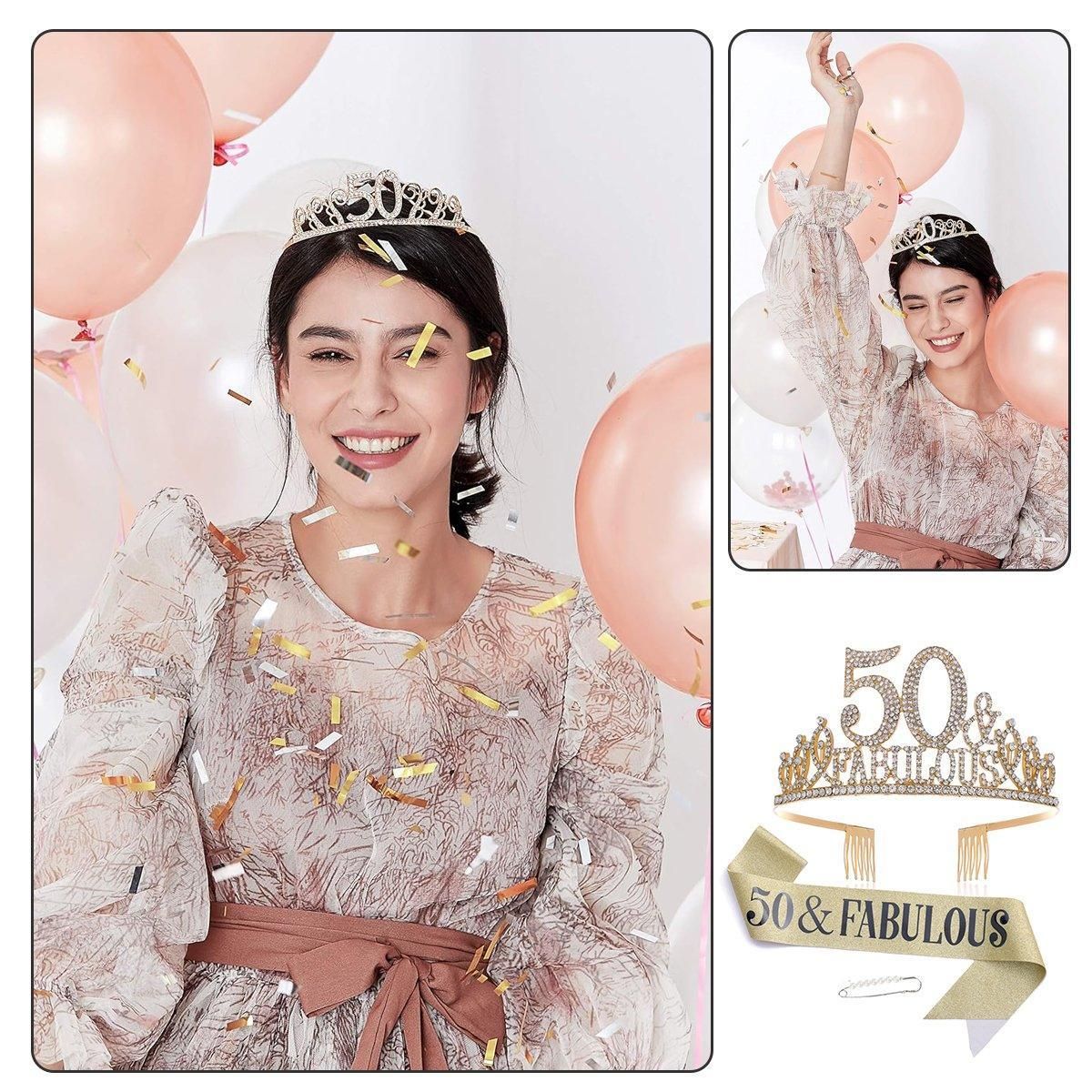 50th Birthday Gold Party Set Hairband Crown Sash Belt Ceremonial Accessory Kit