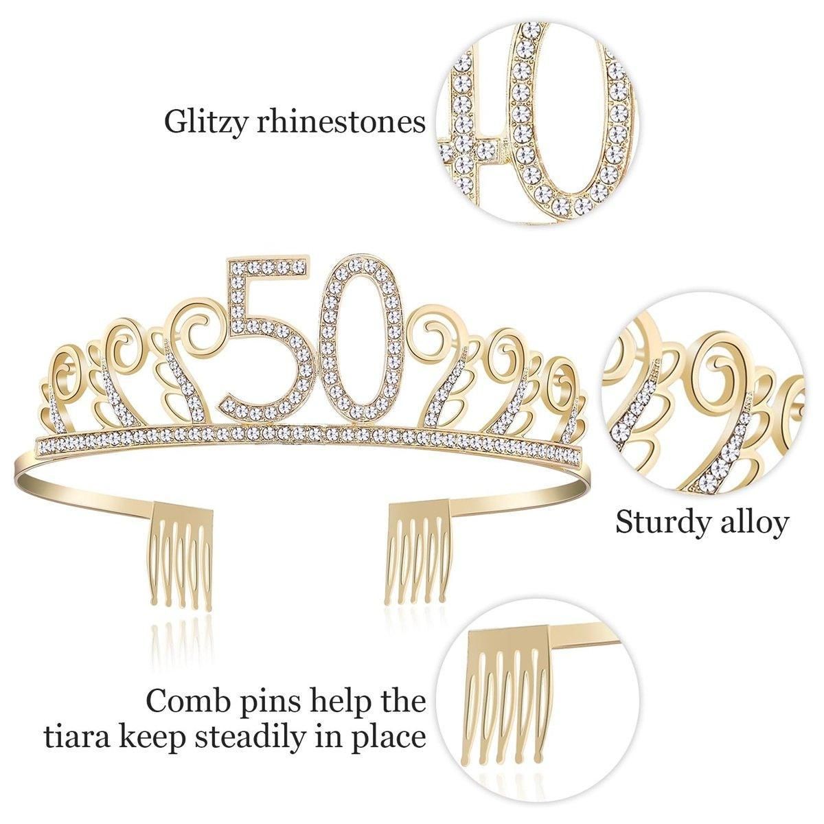 50th Birthday Gold Party Set Hairband Crown Sash Belt Ceremonial Accessory Kit