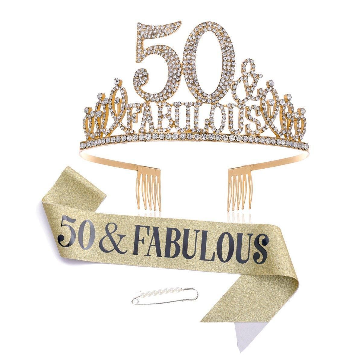 50th Birthday Gold Party Set Hairband Crown Sash Belt Ceremonial Accessory Kit
