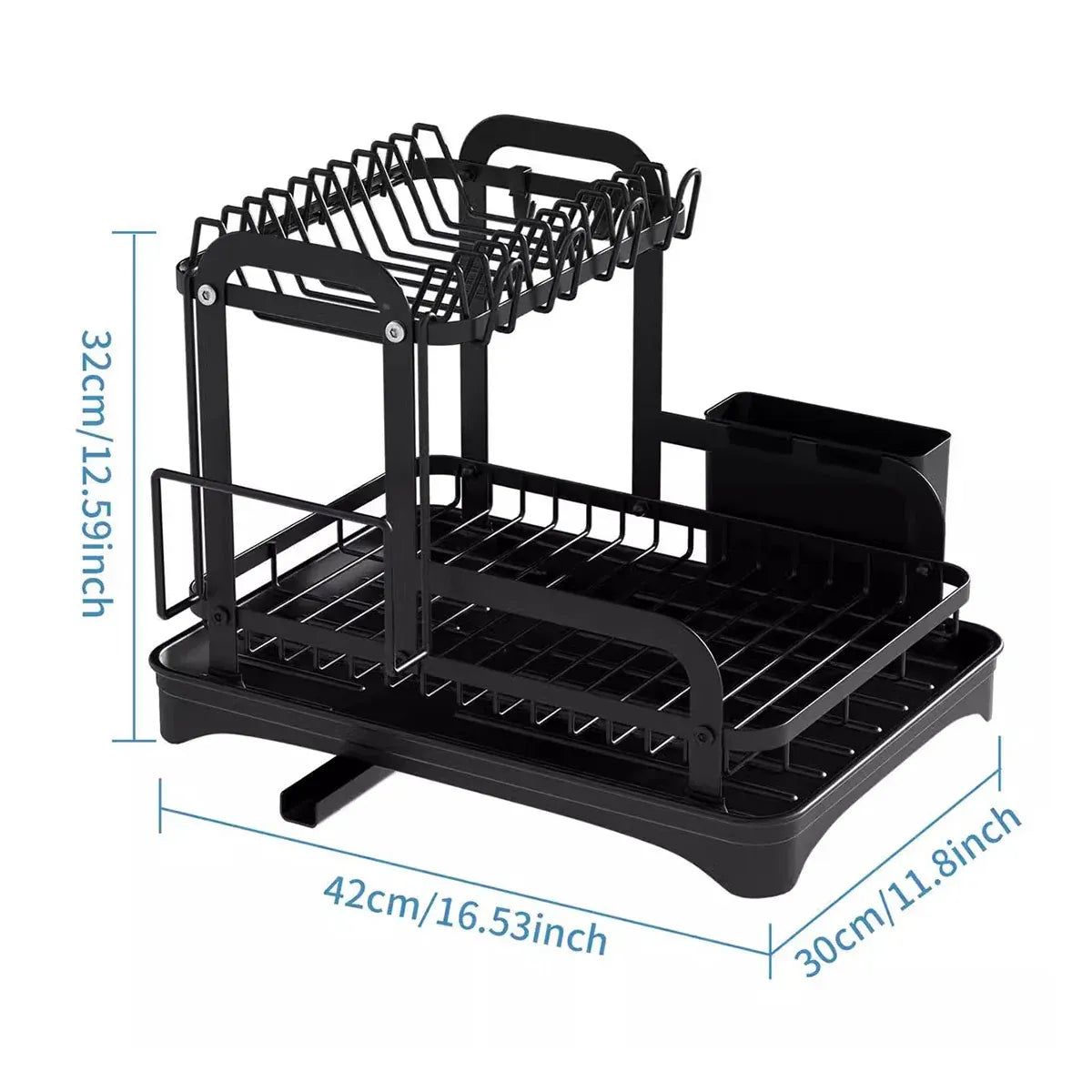 Kitchen Dish Drying Rack 2 Tier Carbon Steel Black 42x30x32cm Telescopic Drain