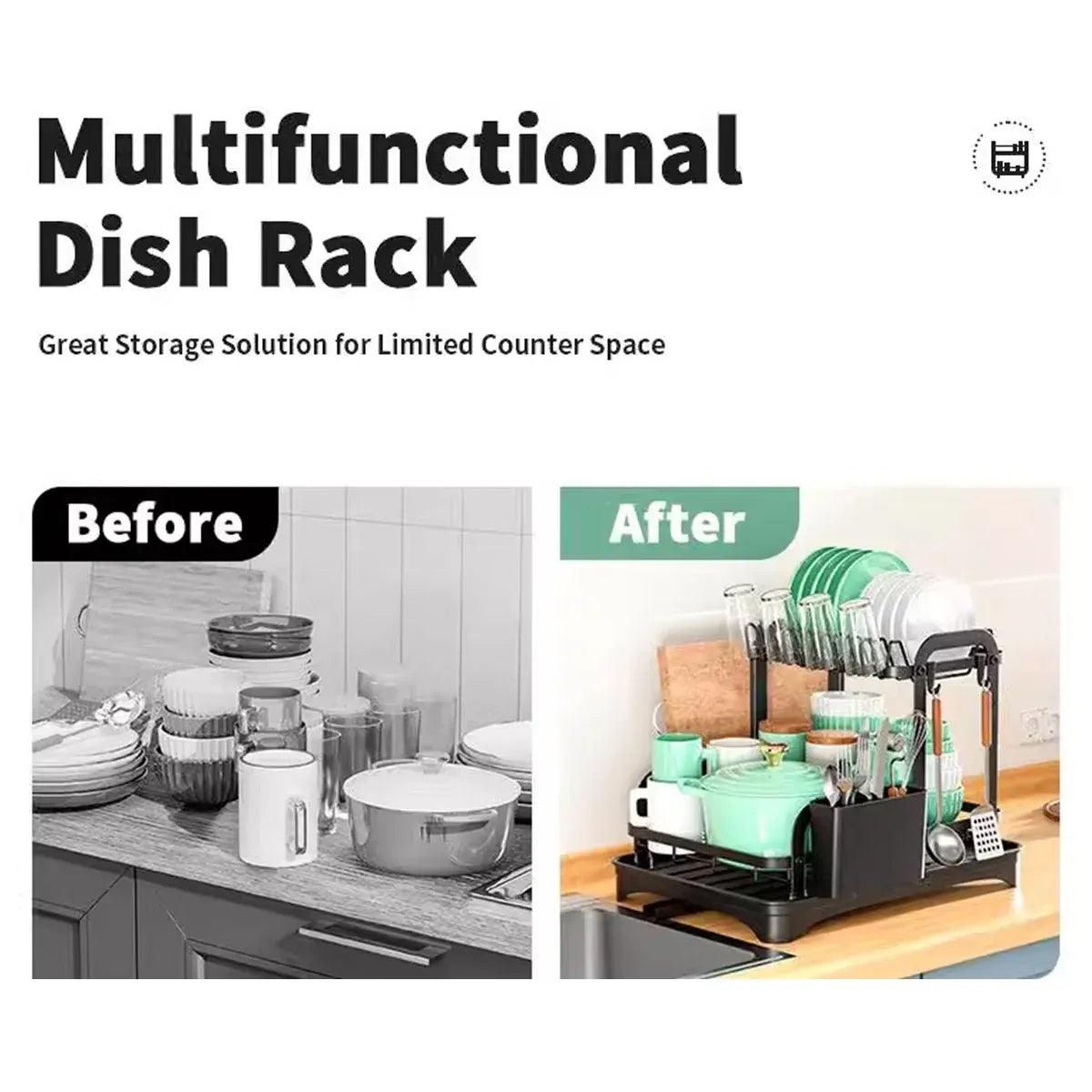 Kitchen Dish Drying Rack 2 Tier Carbon Steel Black 42x30x32cm Telescopic Drain