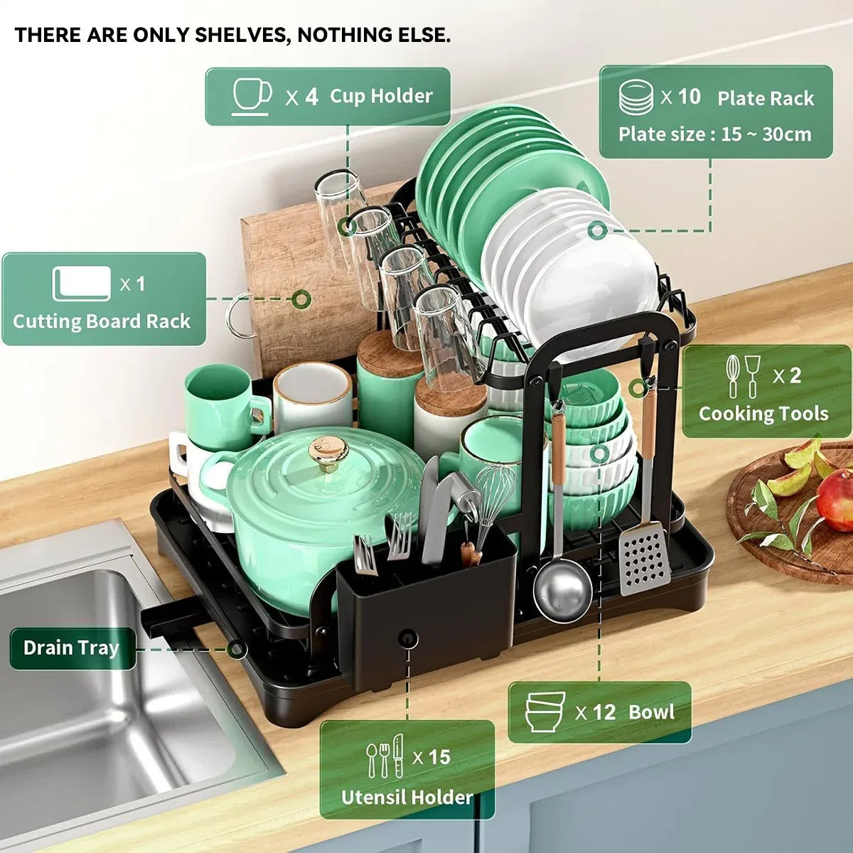 Kitchen Dish Drying Rack 2 Tier Carbon Steel Black 42x30x32cm Telescopic Drain