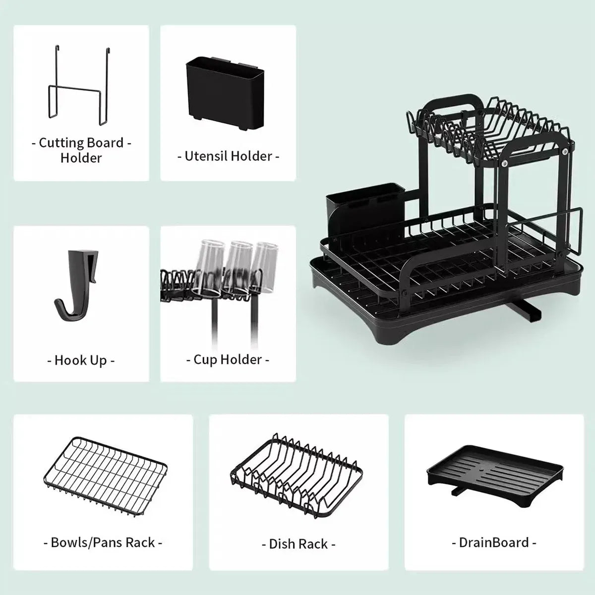 Kitchen Dish Drying Rack 2 Tier Carbon Steel Black 42x30x32cm Telescopic Drain
