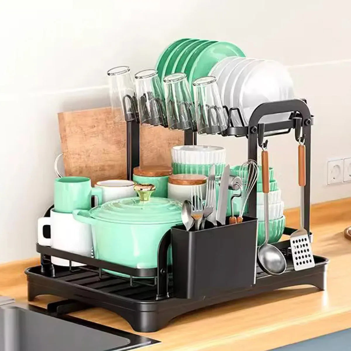 Kitchen Dish Drying Rack 2 Tier Carbon Steel Black 42x30x32cm Telescopic Drain