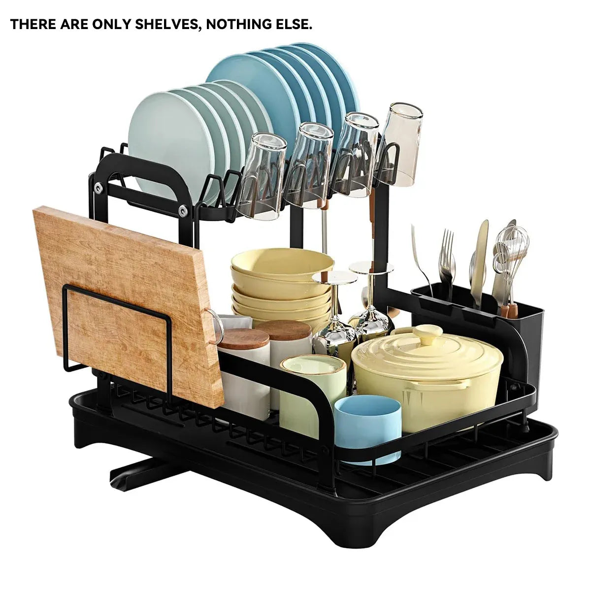 Kitchen Dish Drying Rack 2 Tier Carbon Steel Black 42x30x32cm Telescopic Drain
