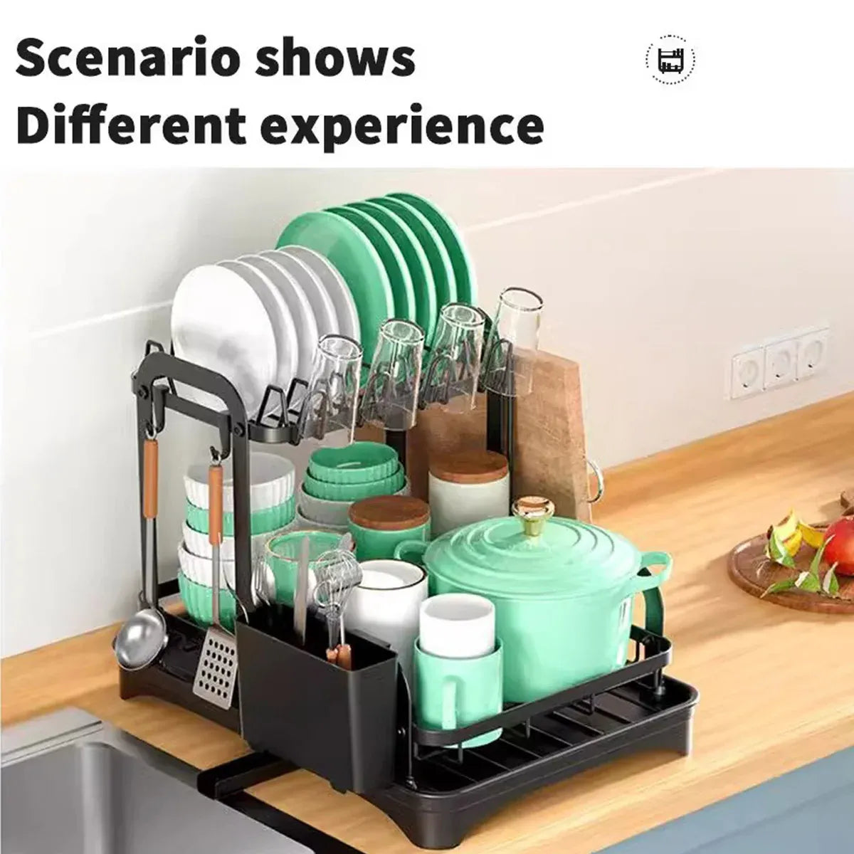 Kitchen Dish Drying Rack 2 Tier Carbon Steel Black 42x30x32cm Telescopic Drain