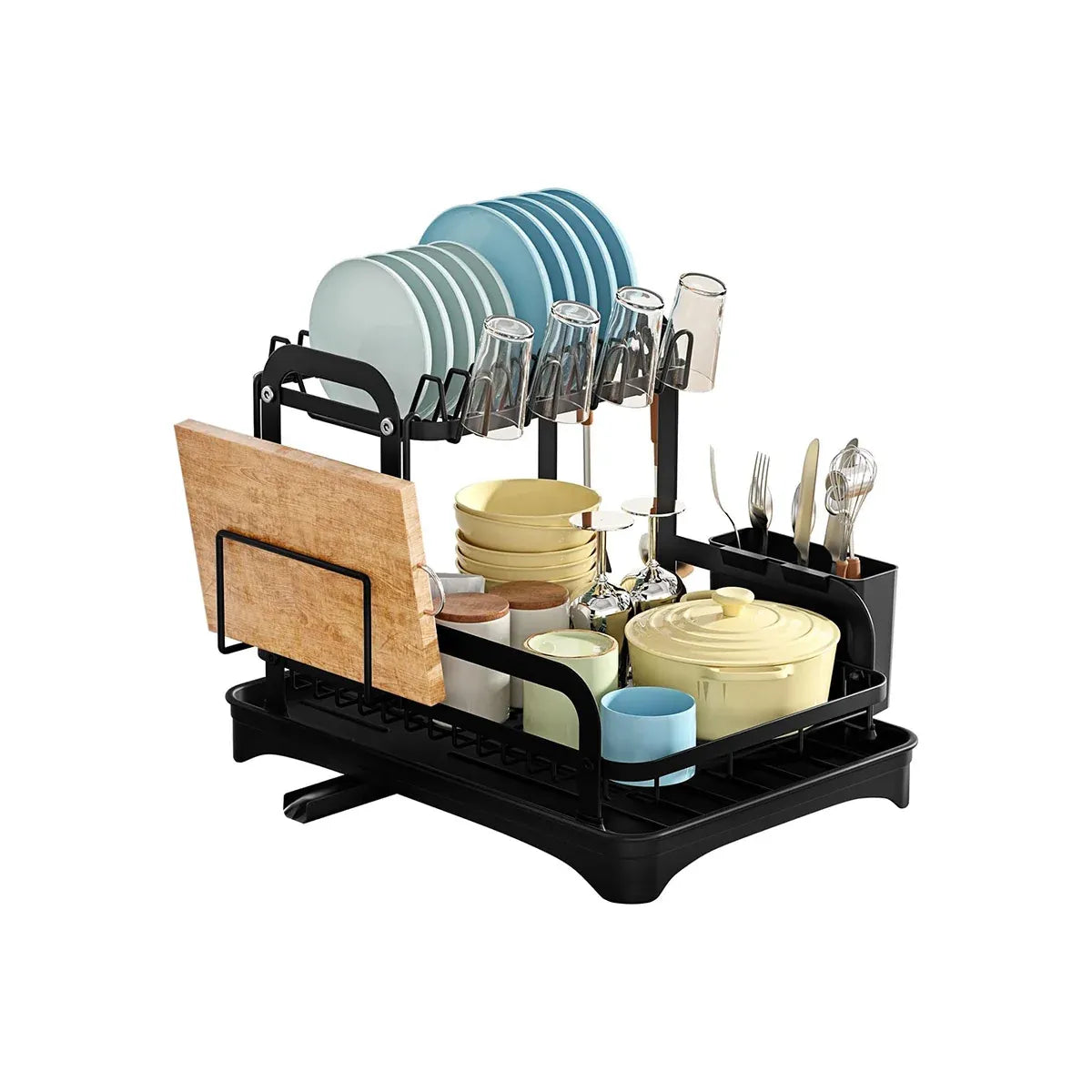Kitchen Dish Drying Rack 2 Tier Carbon Steel Black 42x30x32cm Telescopic Drain