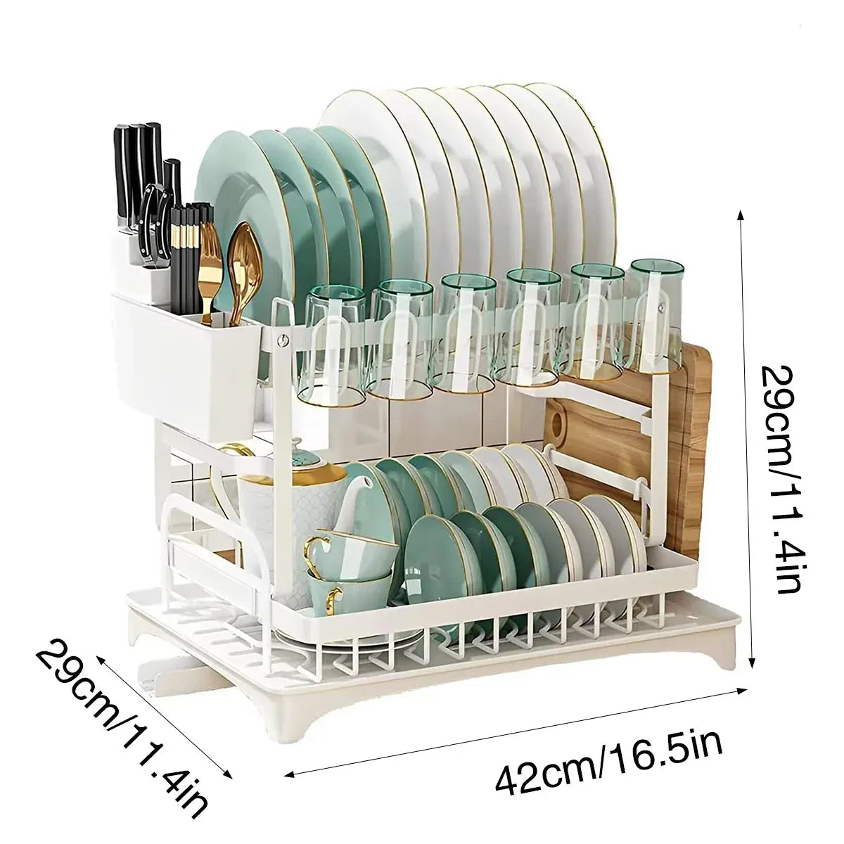 Kitchen Dish Drying Rack 2 Tier Carbon Steel White 42 x 29 x 29cm Tableware