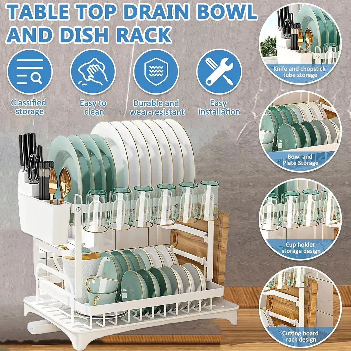 Kitchen Dish Drying Rack 2 Tier Carbon Steel White 42 x 29 x 29cm Tableware