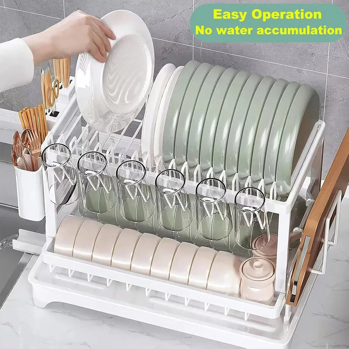 Kitchen Dish Drying Rack 2 Tier Carbon Steel White 42 x 29 x 29cm Tableware