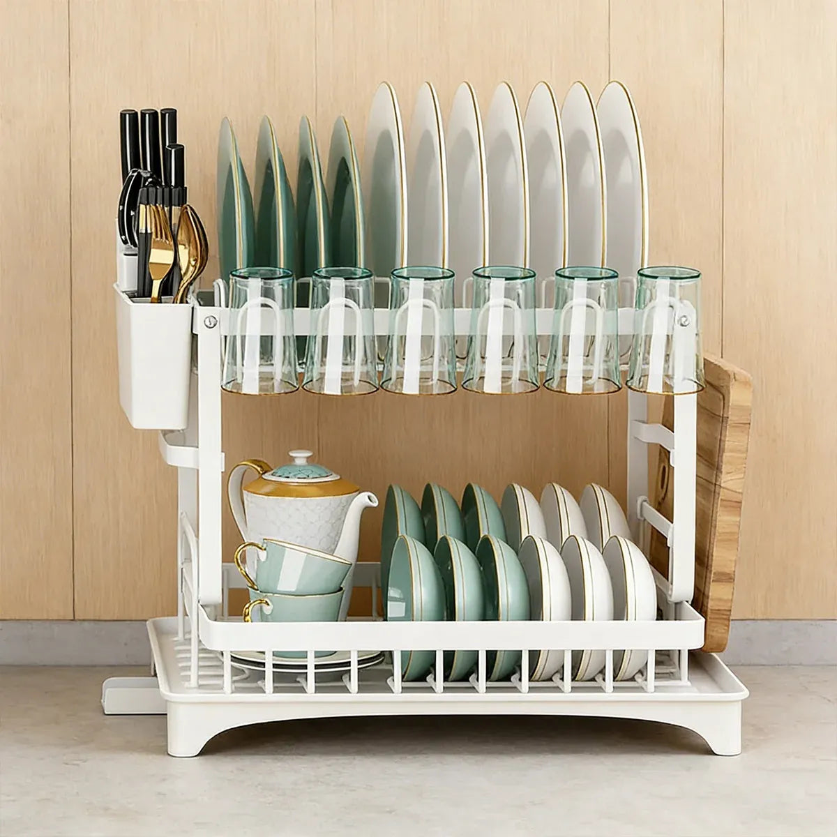 Kitchen Dish Drying Rack 2 Tier Carbon Steel White 42 x 29 x 29cm Tableware