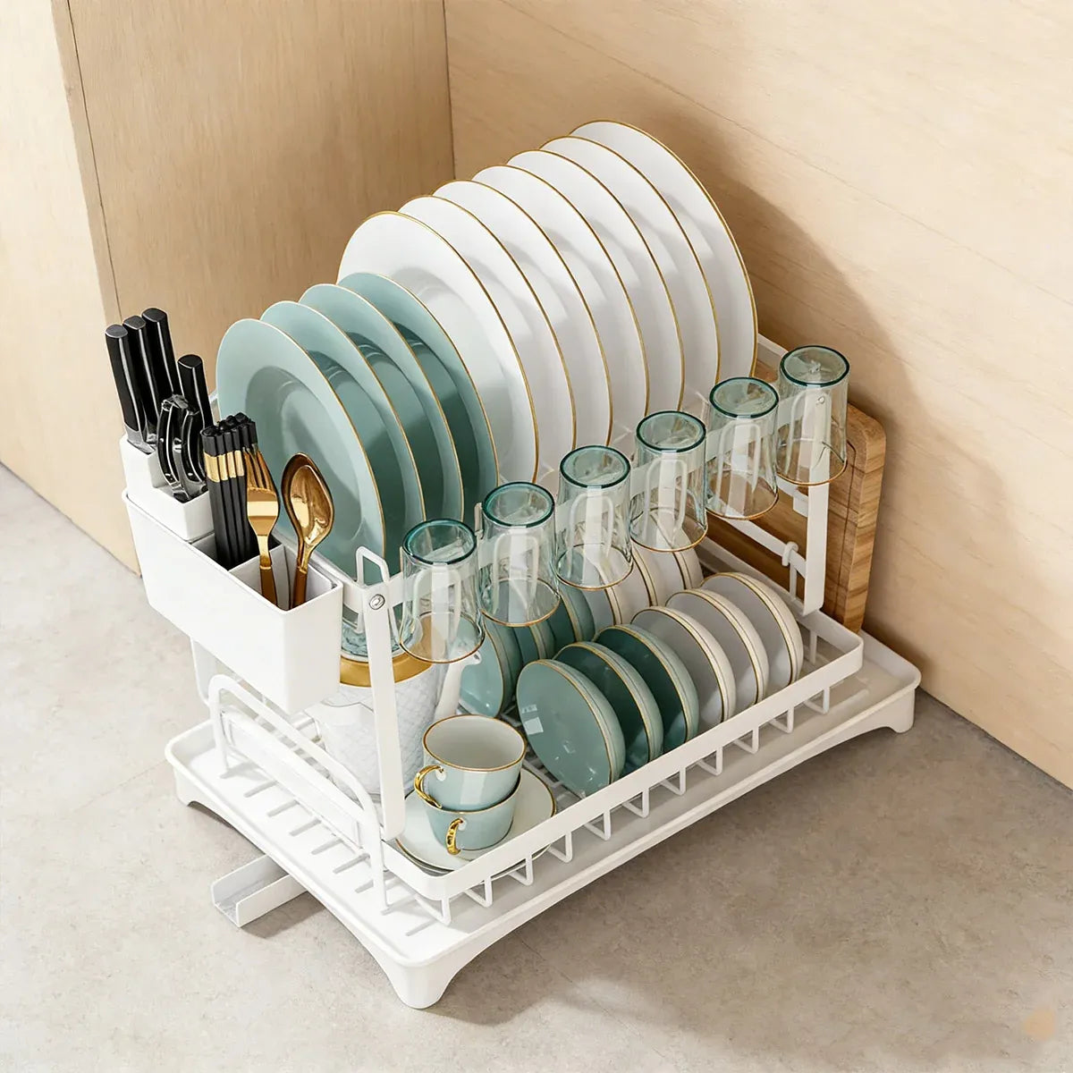 Kitchen Dish Drying Rack 2 Tier Carbon Steel White 42 x 29 x 29cm Tableware