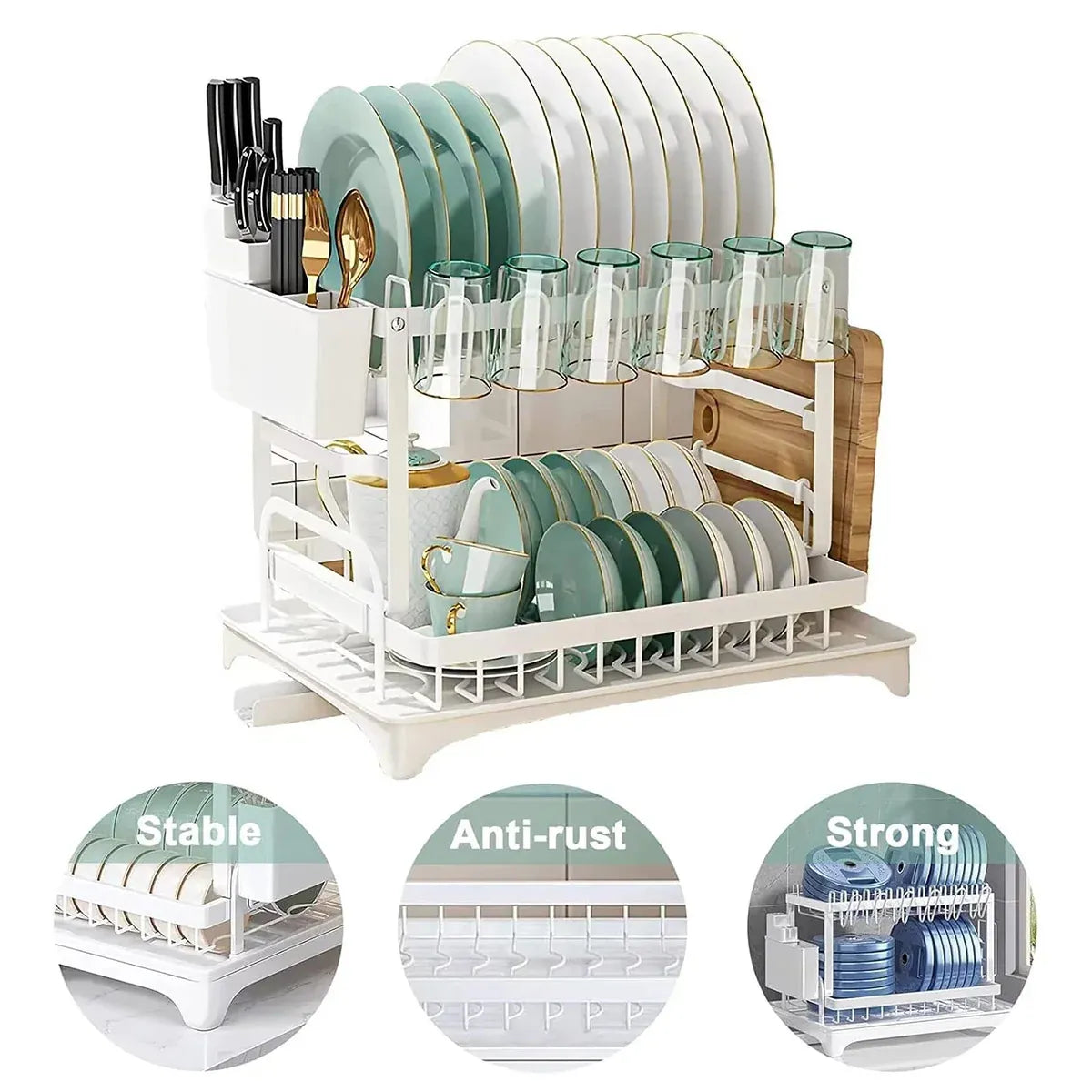 Kitchen Dish Drying Rack 2 Tier Carbon Steel White 42 x 29 x 29cm Tableware