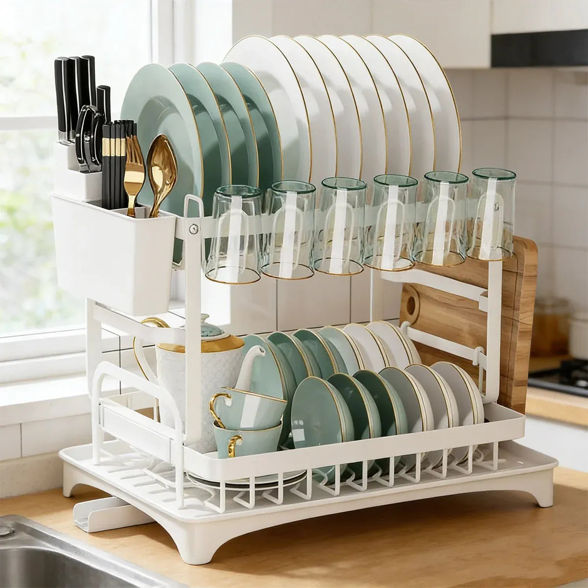 Kitchen Dish Drying Rack 2 Tier Carbon Steel White 42 x 29 x 29cm Tableware
