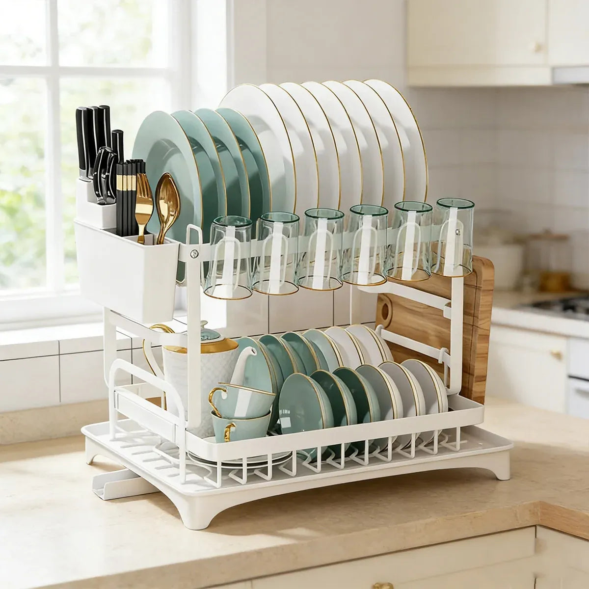 Kitchen Dish Drying Rack 2 Tier Carbon Steel White 42 x 29 x 29cm Tableware