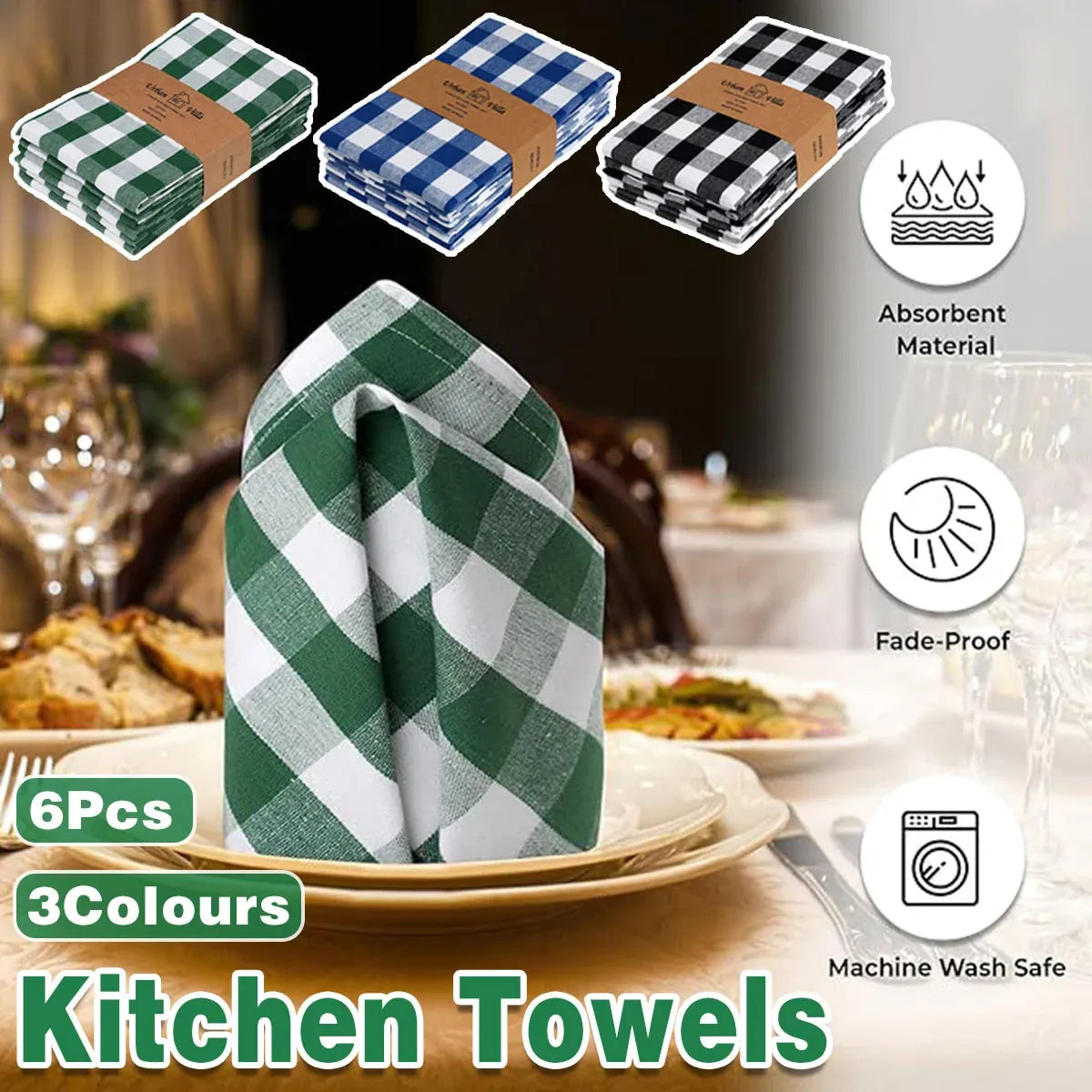 6PCS Checkered Kitchen Towels Dishwashing Cloths Cleaning Cloth Set for Home Use - Blue