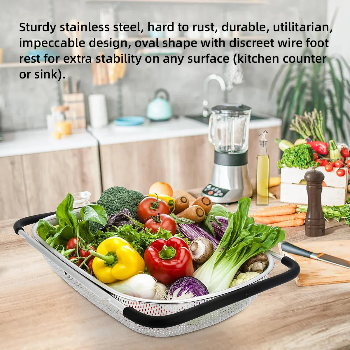 Stainless Steel Sink Basket Vegetable Washer Drain Rack Kitchen Storage Holder - 24x34x8cm