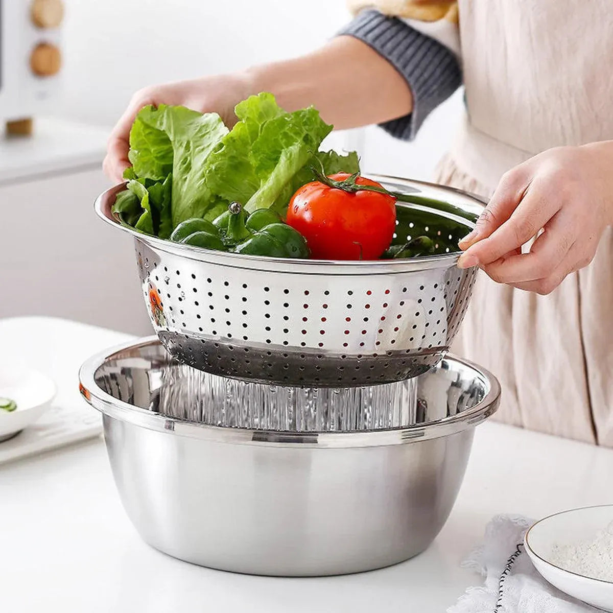 Multifunctional 201 Stainless Steel Basin 3 in 1 Colanders Basin Mixing Bowl Set