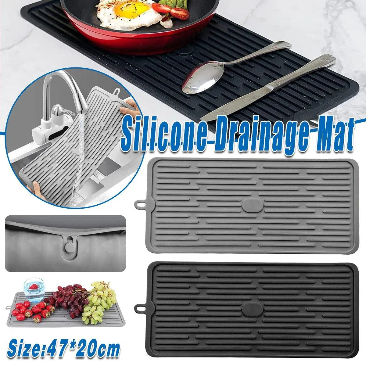 Silicone Drainage Mat Sink Strainer Mat Non Slip Heating Mat Kitchen Drying Pad - Black