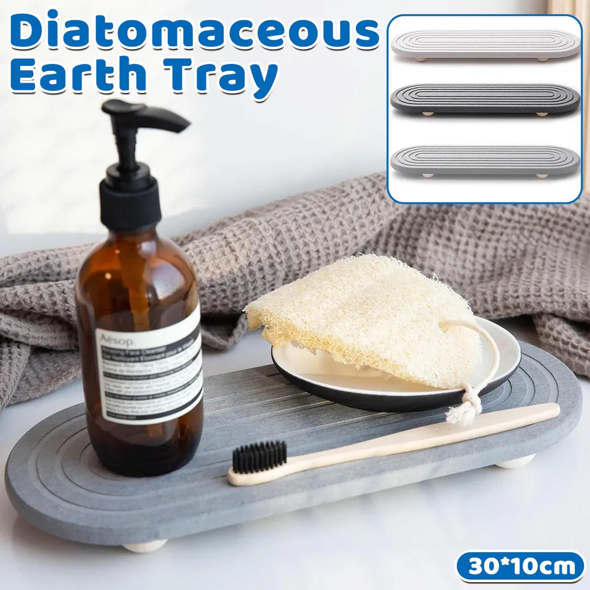 Nordic Diatomaceous Earth Tray Bathroom Sink Drying Mat 30x10cm - Grey