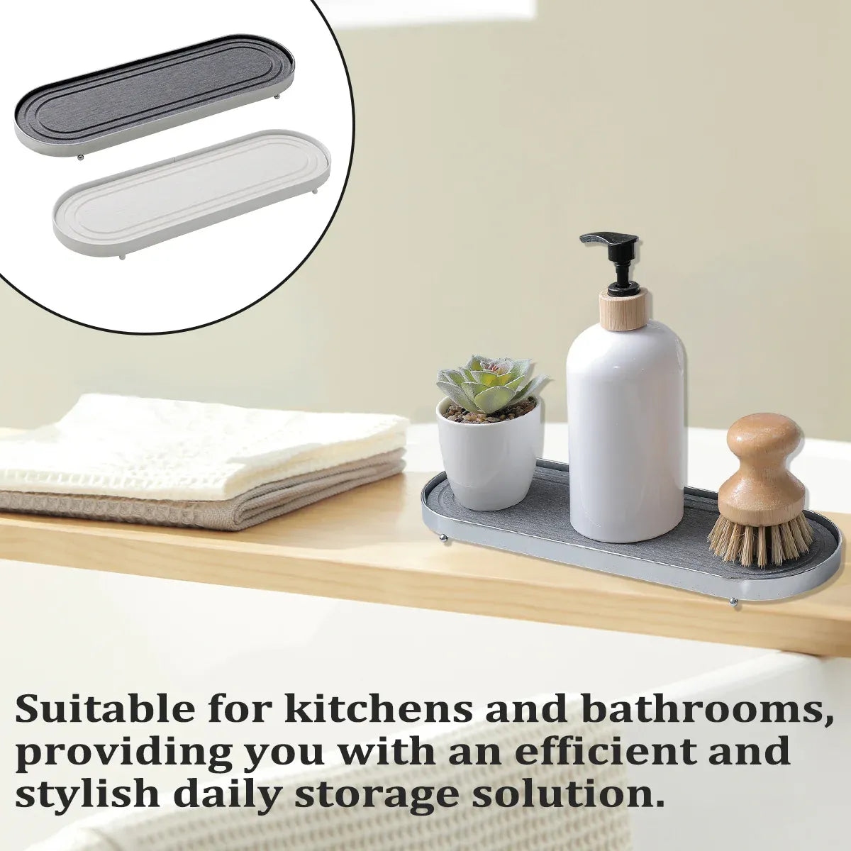 Stainless Steel Diatomite Tray Countertop Drying Mat Bathroom Kitchen Sink Organizer - Silver