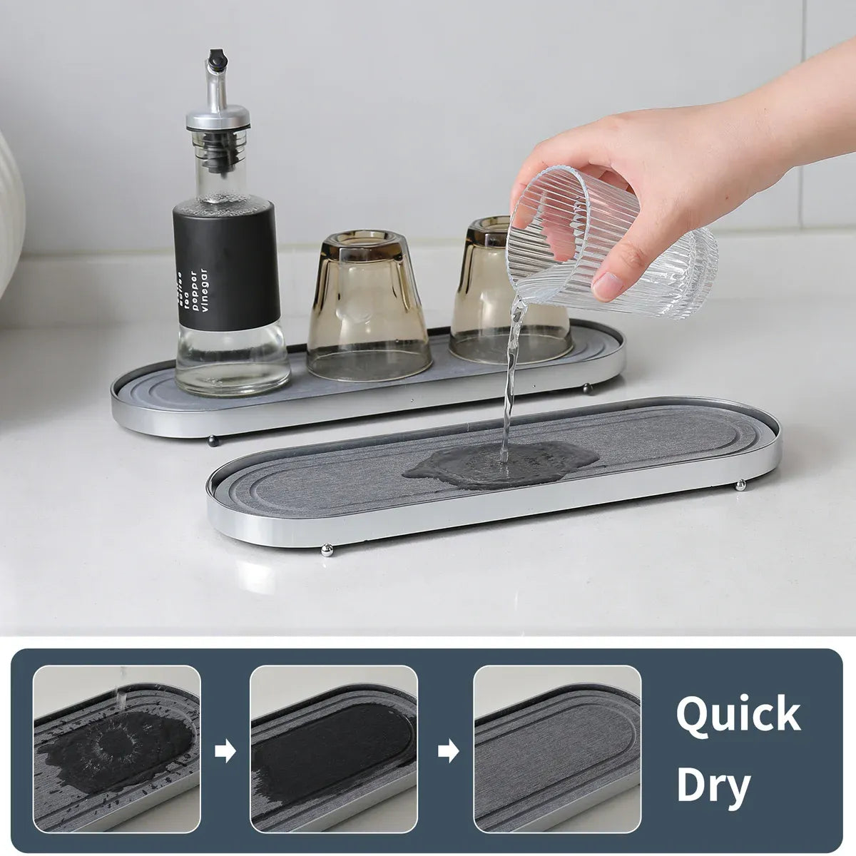 Stainless Steel Diatomite Tray Countertop Drying Mat Bathroom Kitchen Sink Organizer - Silver