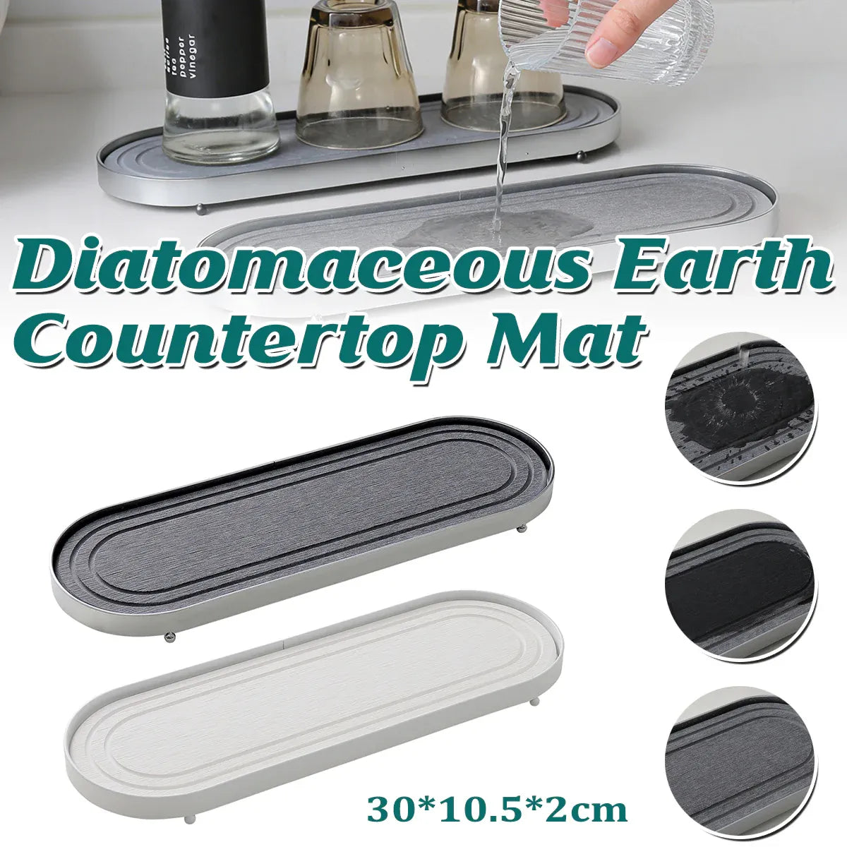Stainless Steel Diatomite Tray Countertop Drying Mat Bathroom Kitchen Sink Organizer - White