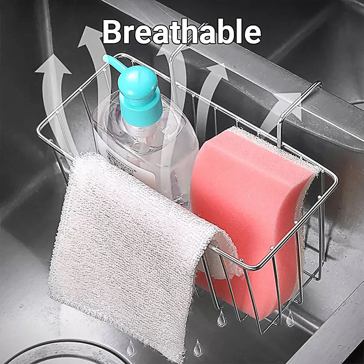 Stainless Steel Kitchen Sponge Holder Soap Brush Sink Caddy Drainer Rack Storage
