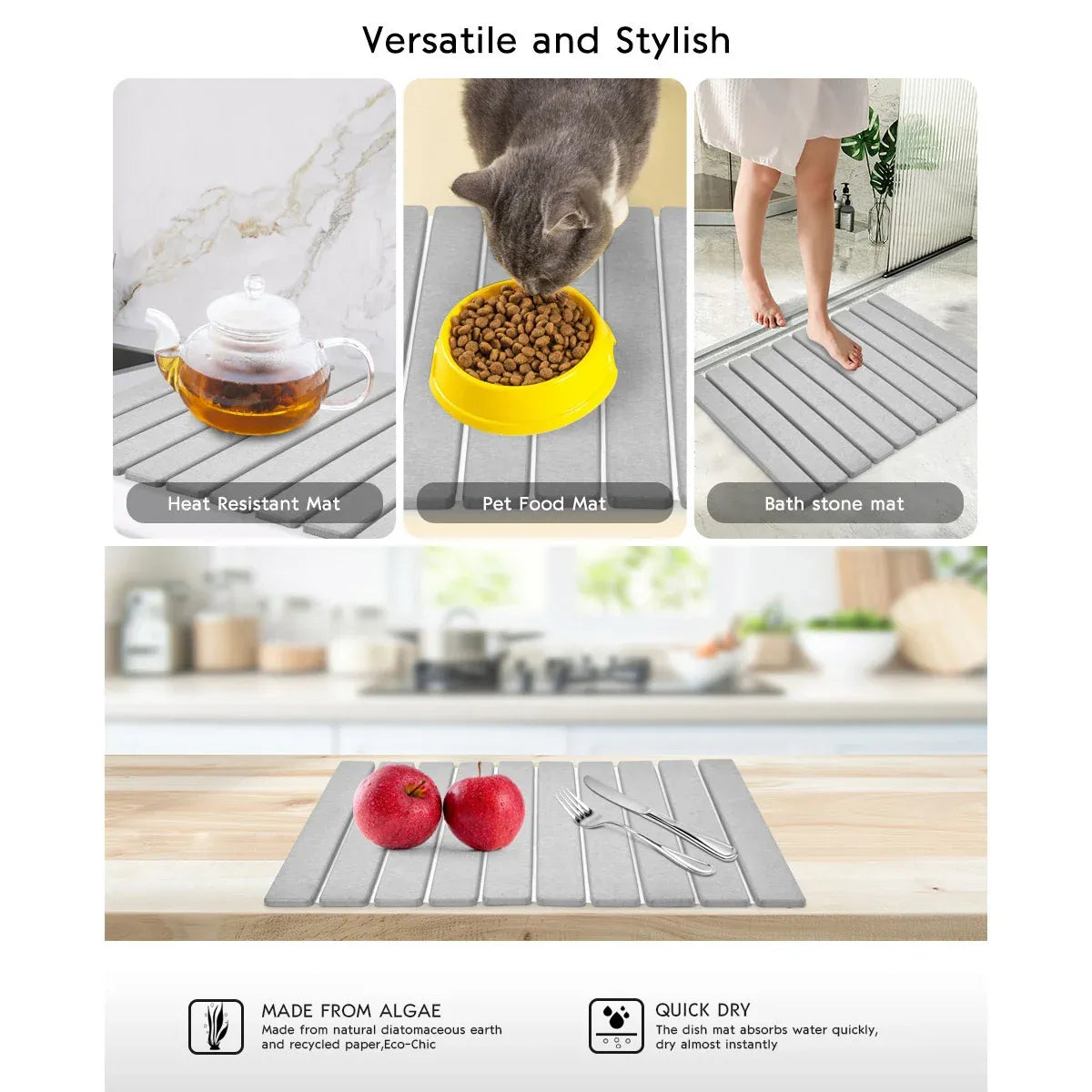 Kitchen Absorbent Diatom Mud Drying Pad Foldable Plate Draining Pad Non Slip - Grey