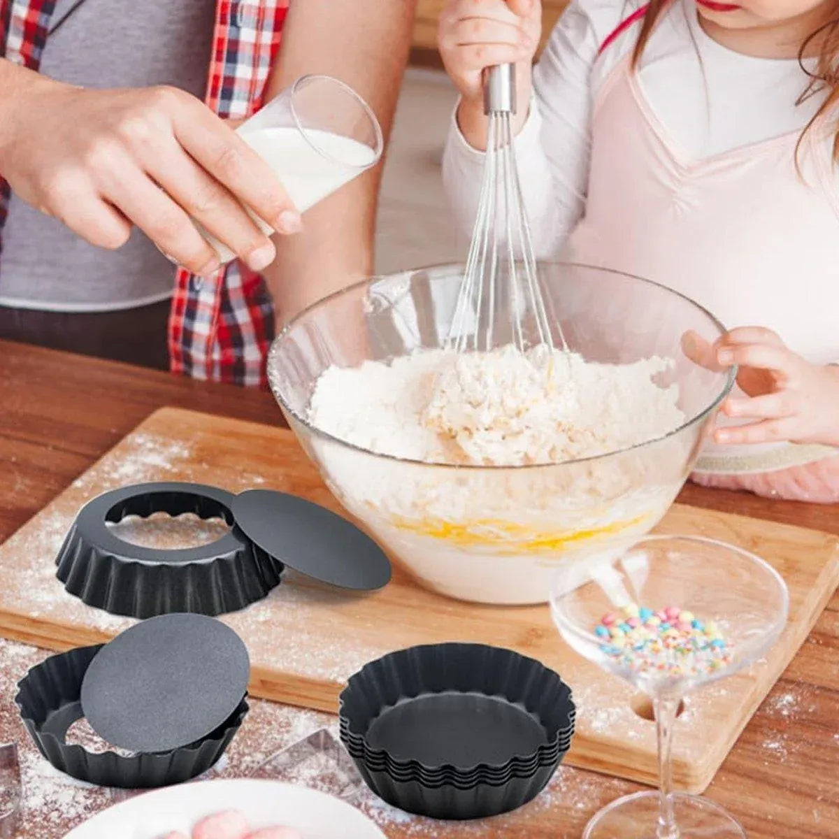 12PCS Mini Detachable Tart Mold Baking Cake Pan Nonstick Bottom Cupcake Molds - 4inch