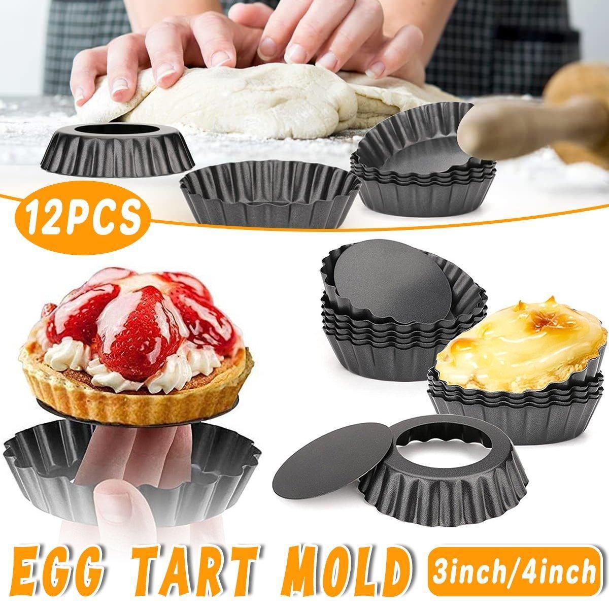 12PCS Mini Detachable Tart Mold Baking Cake Pan Nonstick Bottom Cupcake Molds - 4inch