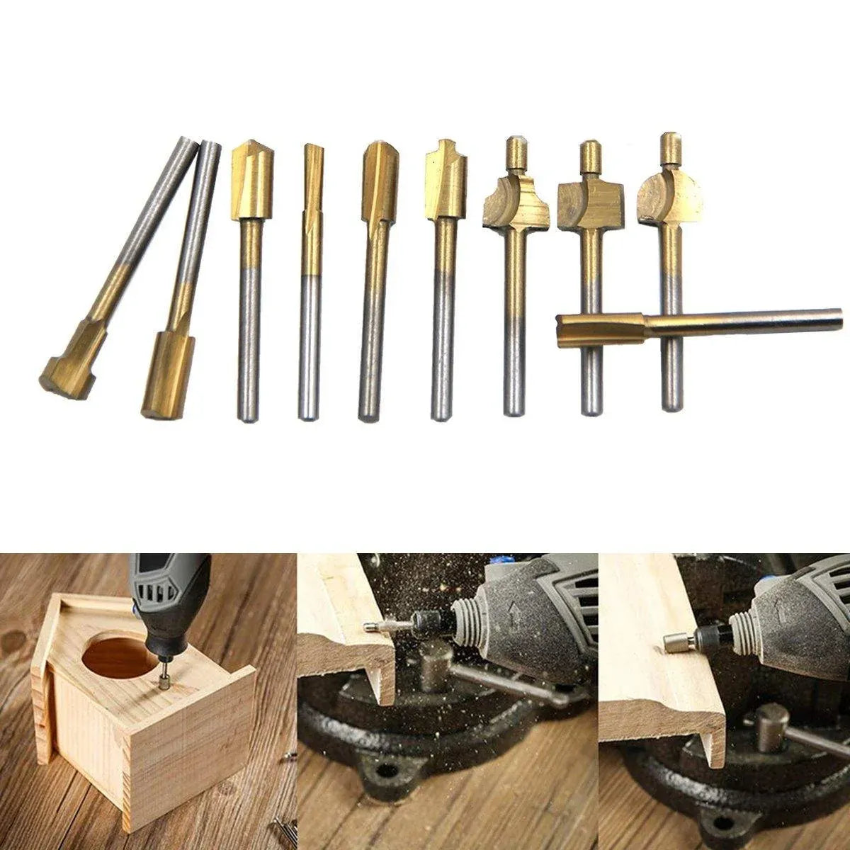 10Pcs/Set 3mm Titanium Mini HSS Router Bits Trimmer Shank For Rotary Tool