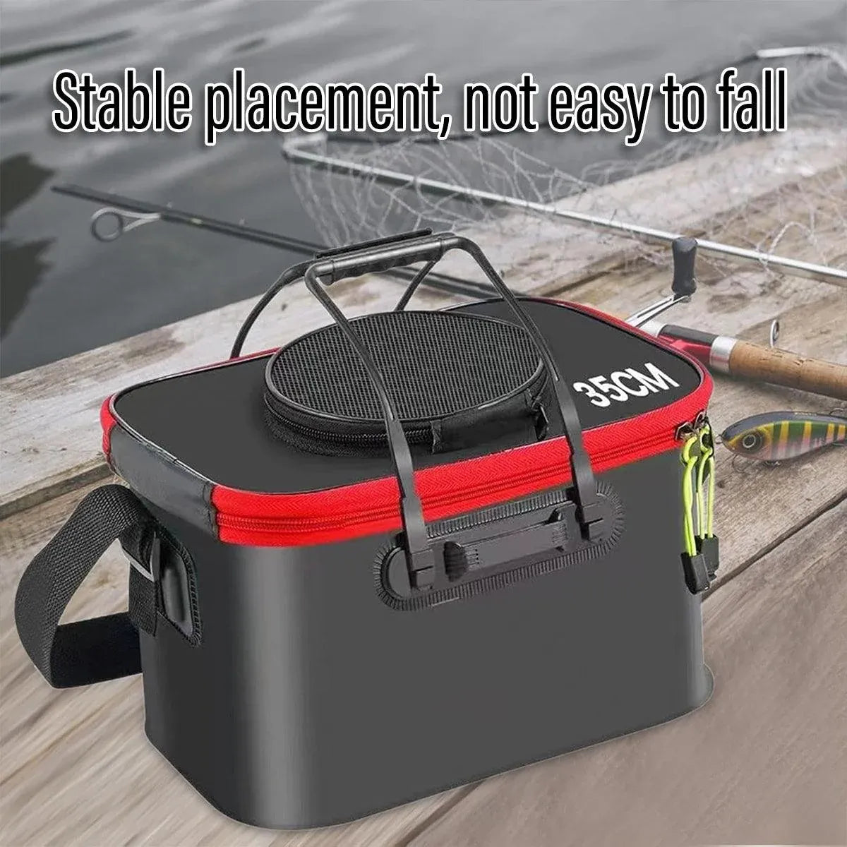 Portable Folding EVA Fishing Bucket Multi Use Live Fish Container with Strap - Black-40cm