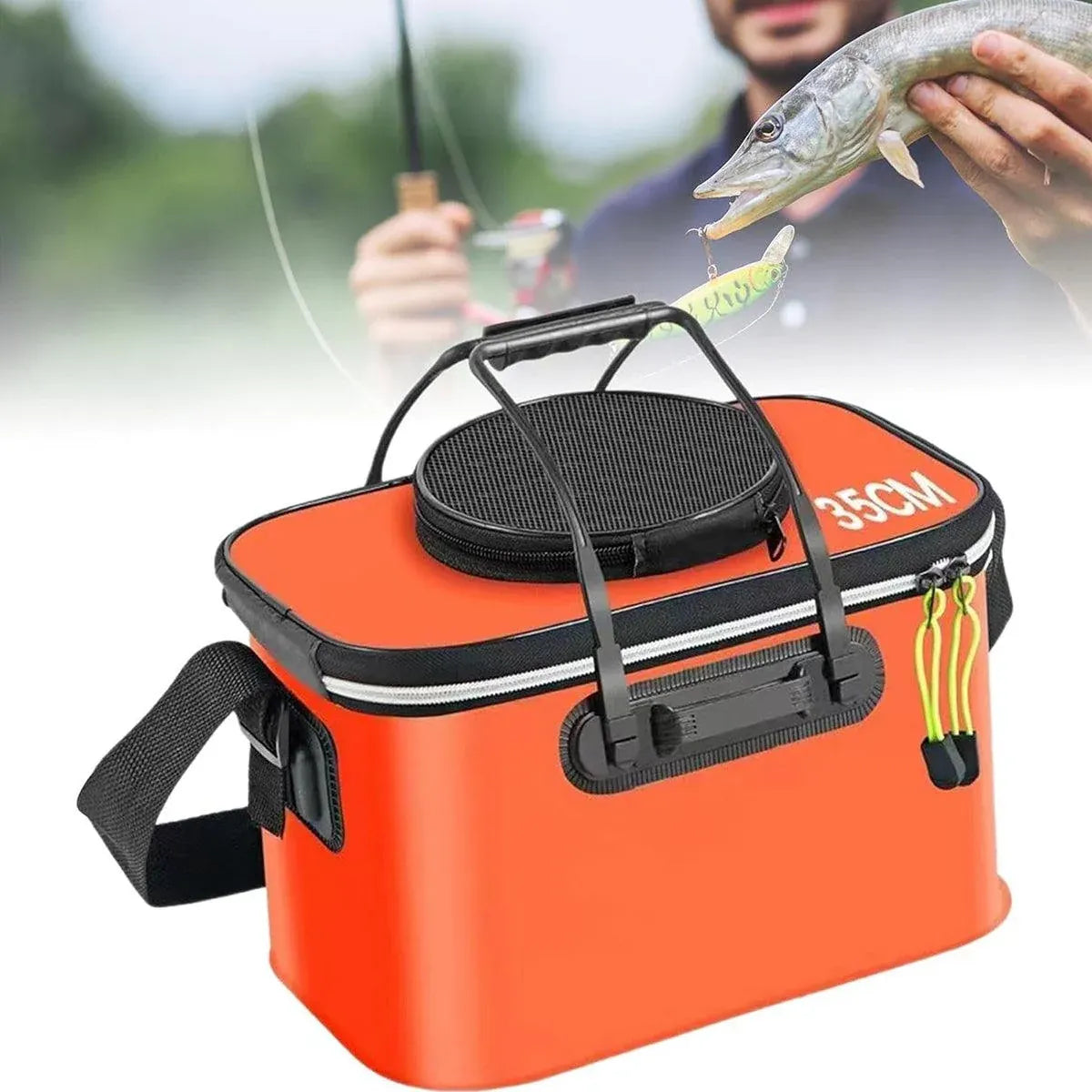 Portable Folding EVA Fishing Bucket Multi Use Live Fish Container with Strap - Black-40cm