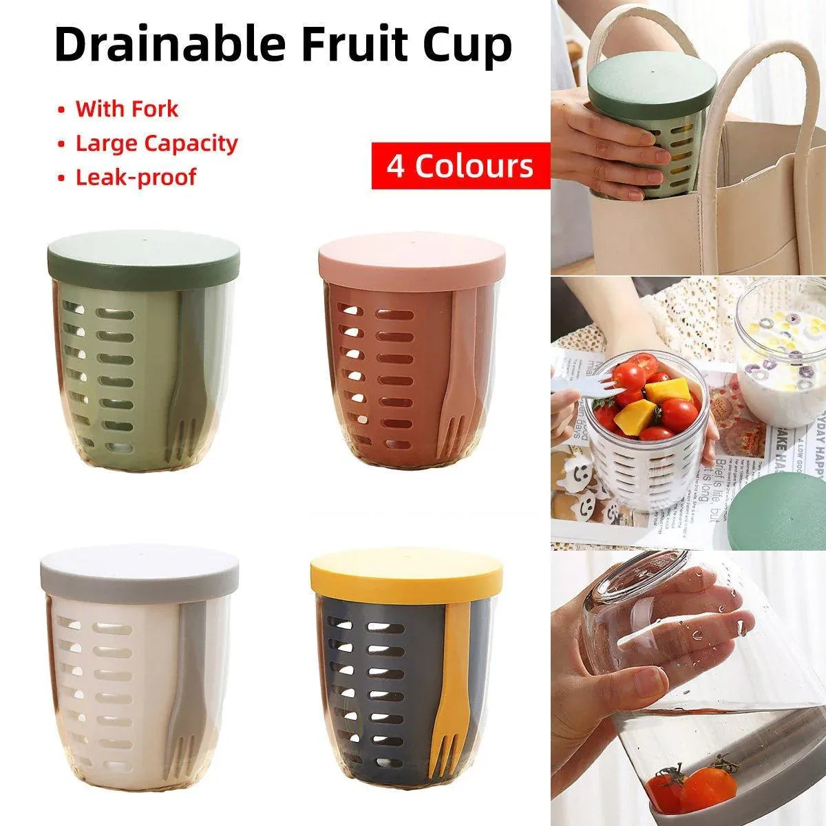 Portable Drainable Fruit Cup Plastic Sealed Cup for Snacks and Travel Use - Pink