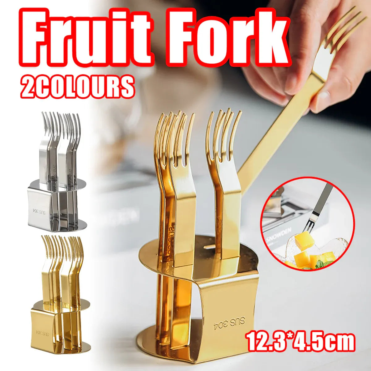 Elegant 304 Stainless Steel Fruit Forks Set of 6 For Home Dessert Cake Use - Golden