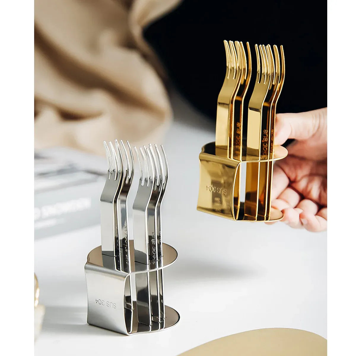 Elegant 304 Stainless Steel Fruit Forks Set of 6 For Home Dessert Cake Use - Golden