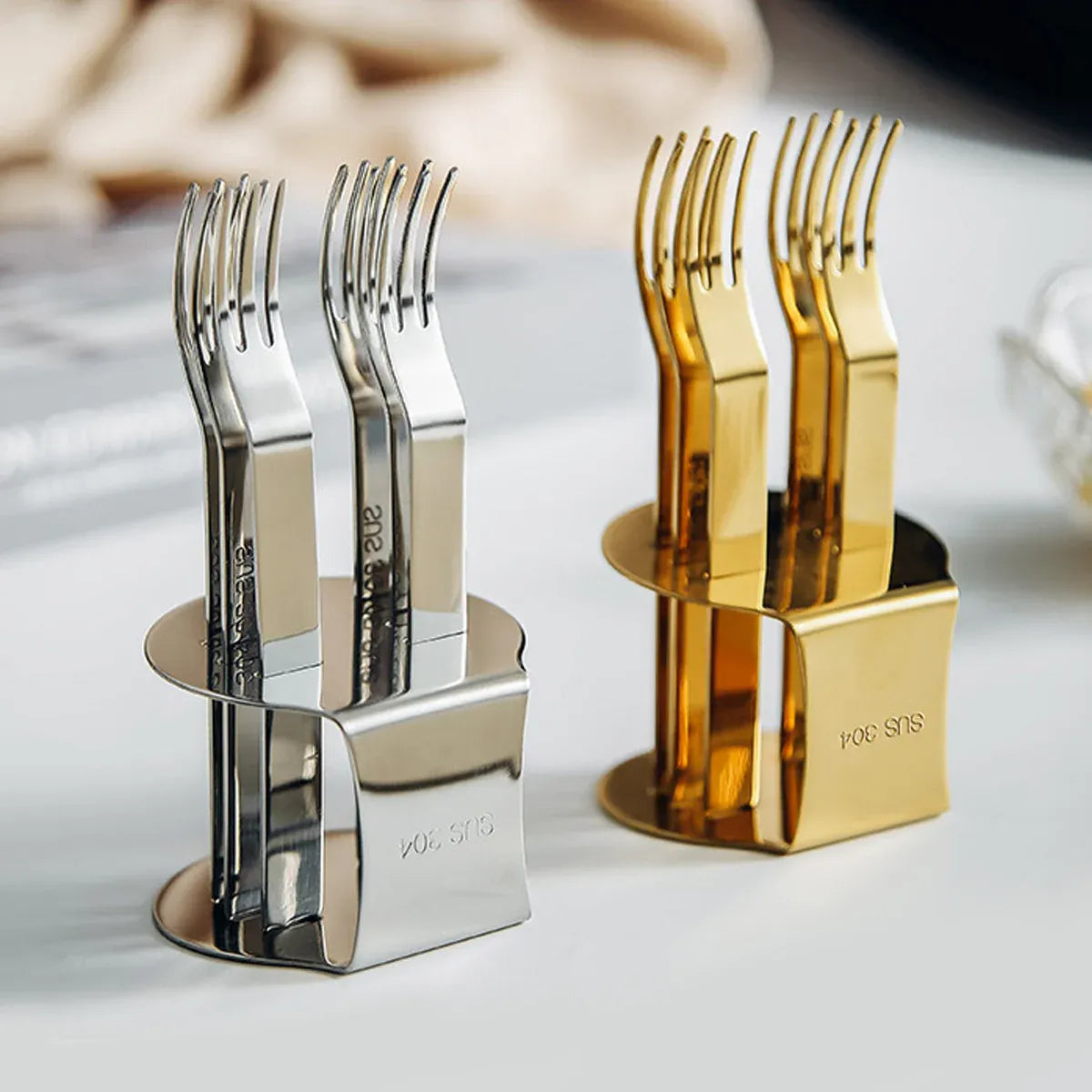 Elegant 304 Stainless Steel Fruit Forks Set of 6 For Home Dessert Cake Use - Golden
