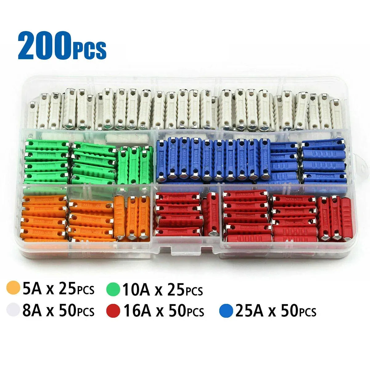 200PCS Torpedo Car Fuse Assortment Kit with Colour Coded Ratings for Vehicle Maintenance