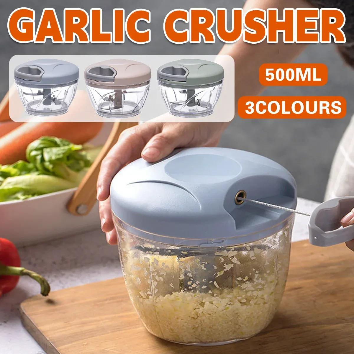 500ml Manual Meat Mincer Garlic Chopper Rotate Garlic Press Crusher Vegetable - Blue