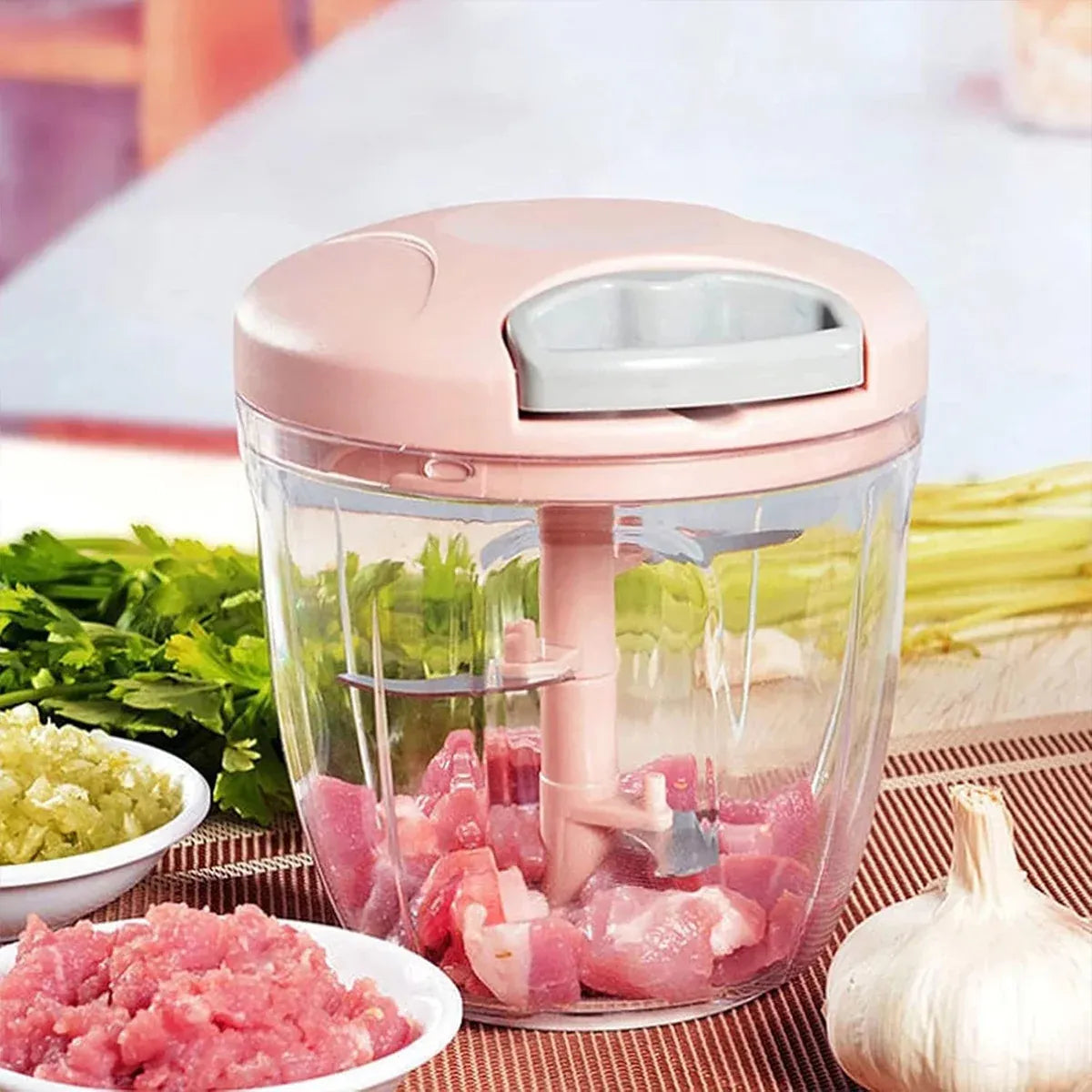 900ml Manual Meat Mincer Garlic Chopper Rotate Garlic Press Crusher Meat Grinder - Pink