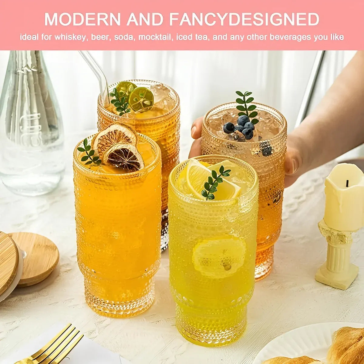 4PCS 11OZ Juice Cup with Lid and Straw Creative Glass Drink Cup for Home Office