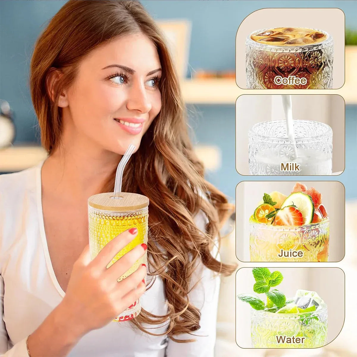 4PCS 11OZ Juice Cup with Lid and Straw Creative Glass Drink Cup for Home Office