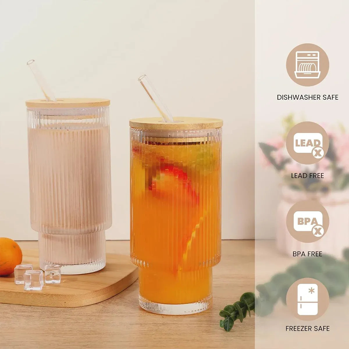 4PCS 11OZ Juice Cup with Lid and Straw Creative Glass Drink Cup for Home Office