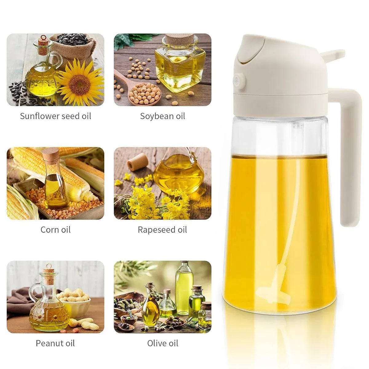 2-in-1 470ml Glass Oil Bottle Spray Pour Automatic Pressure Control Kitchen Tool - Beige