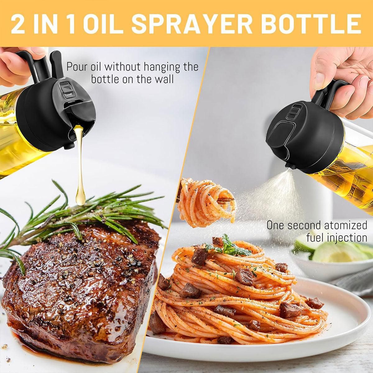 2-in-1 470ml Glass Oil Bottle Spray Pour Automatic Pressure Control Kitchen Tool - Beige